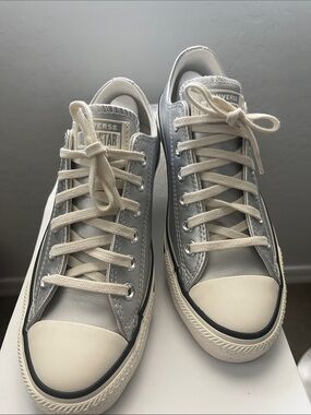 Converse Metallic Silver Low-Top Classic Sneakers with Cream Laces